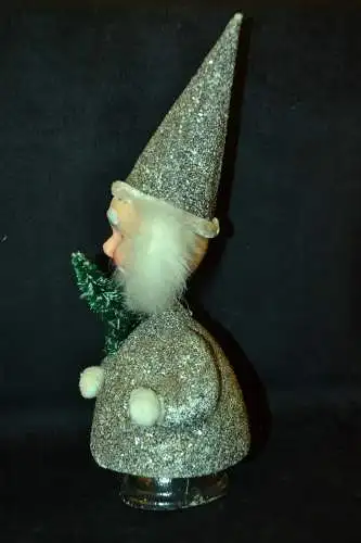 Weihnachtsmann,silber glitzernde Kleidung,Wackelkopf,Pappe,1950,29 cm