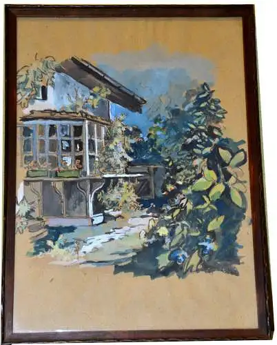 Aquarell, Ansicht eines alpenländischen Sommerhauses mit Wintergarten,wohl 1930
