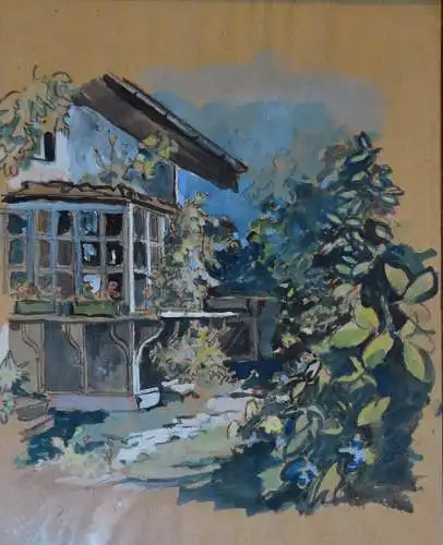 Aquarell, Ansicht eines alpenländischen Sommerhauses mit Wintergarten,wohl 1930