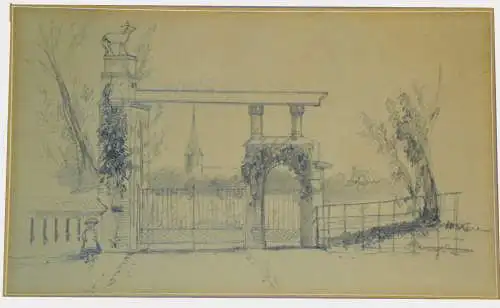 Original  Bleistiftzeichnung,ca. 1850 ,Toreinfahrt mit Hirsch