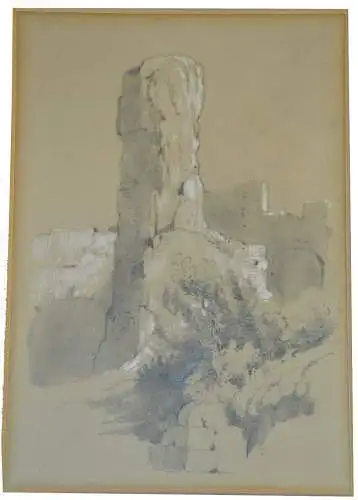 Original  Bleistiftzeichnung, weiß gehöht,ca. 1850 Burgruine