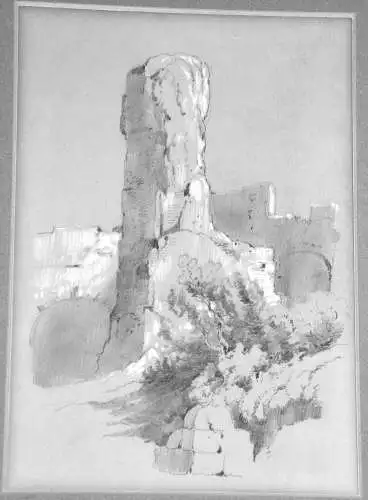 Original  Bleistiftzeichnung, weiß gehöht,ca. 1850 Burgruine