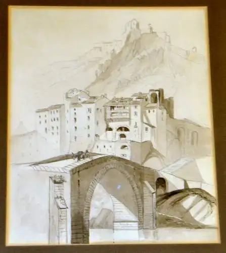 Bleistiftzeichnung,Sisteron,Provence,Frankreich,Brücke,Festung, 1850,unsigniert