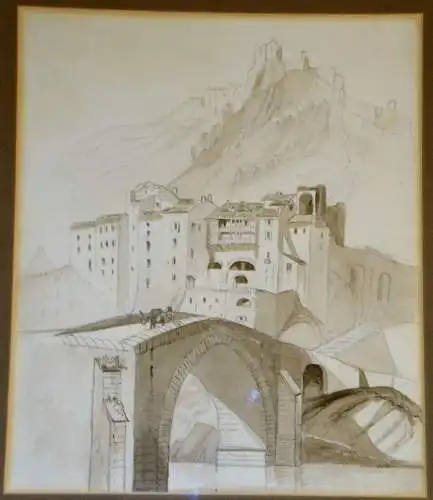 Bleistiftzeichnung,Sisteron,Provence,Frankreich,Brücke,Festung, 1850,unsigniert