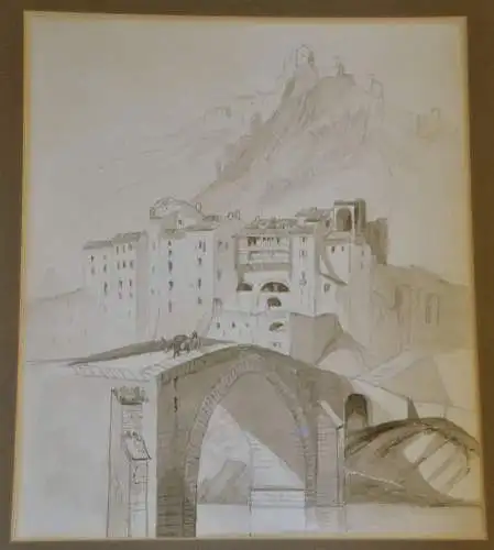 Bleistiftzeichnung,Sisteron,Provence,Frankreich,Brücke,Festung, 1850,unsigniert