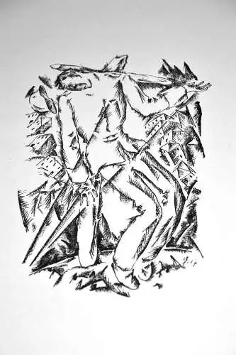 Lithografie,schwarz-weiß, Willy Geiger 1917,Expressive Komposition,i.Stein monog