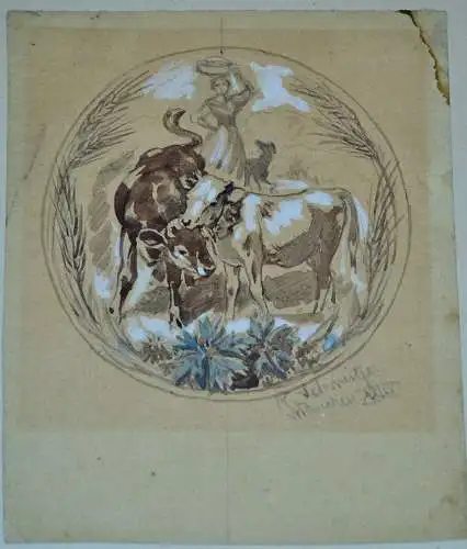 Aquarell,sepiafarben,Sennerin mit Kühen, Sign.R.Schweitzer,München XXIII