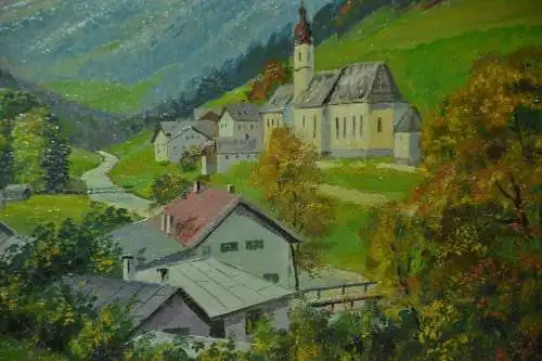 Gemälde, Öl auf Platte, Gebirgsdorf mit Kirche ,dekorativer Rahmen,sign. Faust