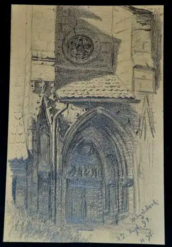 Bleistiftzeichnung,Hans Stadelmann,Kirchenportal,Mögeldorf,25.Sept.1897,signiert