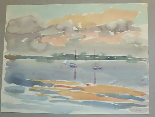 Aquarell, Kurt Lauber, Segelboote am Ufer des Chiemsees,signiert