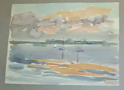 Aquarell, Kurt Lauber, Segelboote am Ufer des Chiemsees,signiert