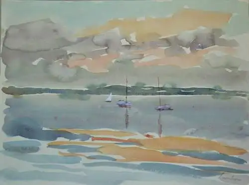 Aquarell, Kurt Lauber, Segelboote am Ufer des Chiemsees,signiert