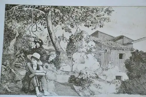 Radierung, junge Frau sitzt im Garten unter einem Baum,signiert, 120/160