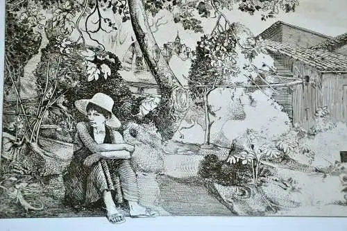 Radierung, junge Frau sitzt im Garten unter einem Baum,signiert, 120/160