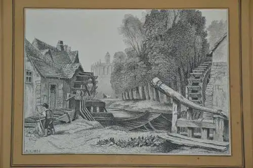 Tuschezeichnung, Mühle mit Hammerschmiede,sign. A.K.1834