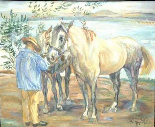 Gemälde, Öl auf Leinwand, Milde,Kopie n. Hegenbarth,Pferde am Fluss