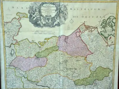 Kupferstich,altkolorierte Landkarte, Ducatus Meklenburgici,Homann,1720,gerahmt