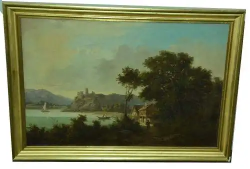 Gemälde,Öl auf Leinwand,Landschaft mit Burg,See,Bauernhaus und Fischern,19.Jhdt