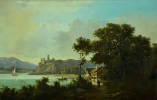 Gemälde,Öl auf Leinwand,Landschaft mit Burg,See,Bauernhaus und Fischern,19.Jhdt