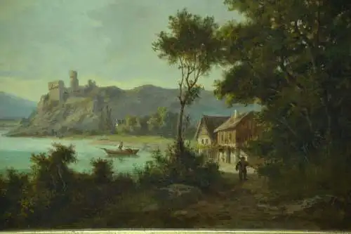 Gemälde,Öl auf Leinwand,Landschaft mit Burg,See,Bauernhaus und Fischern,19.Jhdt