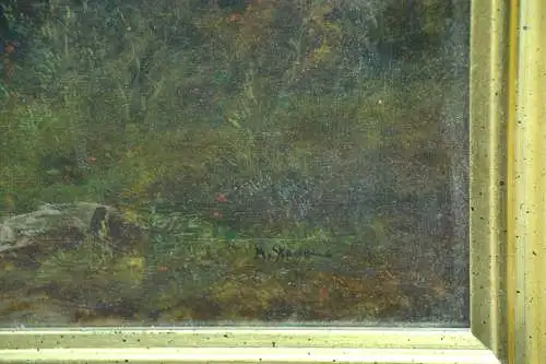Gemälde,Öl auf Leinwand,Landschaft mit Burg,See,Bauernhaus und Fischern,19.Jhdt