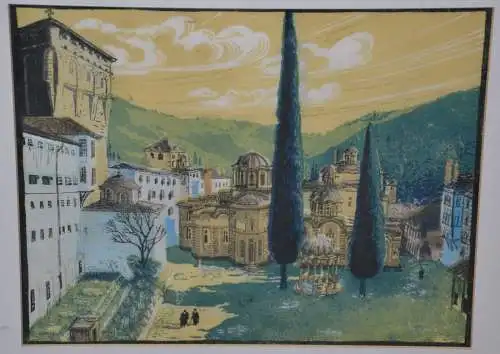 Farb-Lithografie,griechisches Kloster,wohl frühes 20.Jhdt,gerahmt