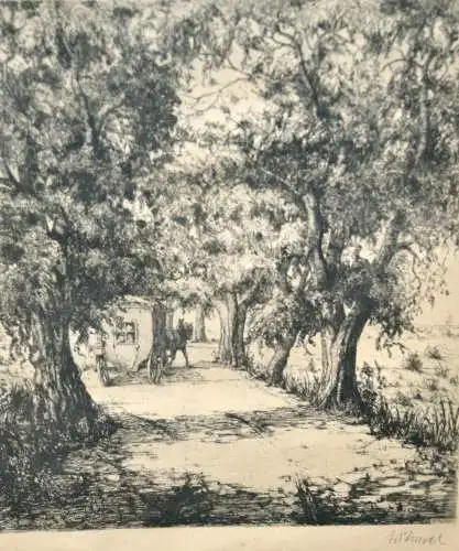 Radierung,Bernhard WITSCHEL (1866-?) ,Kutsche auf einem Waldweg,1938