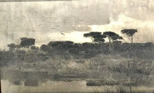Zeichnung,L.Rösch,Bleistift und Kohle,italienische Landschaft am Abend,gerahmt