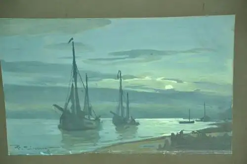 Aquarell,Paul Direng, 1930,Schiffe am Ufer,gerahmt,ohne Glas, Passepartout