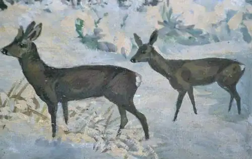 Gemälde, Öl auf Pappe,sign.:Grasmaier, Rehe im Winterwald,gerahmt