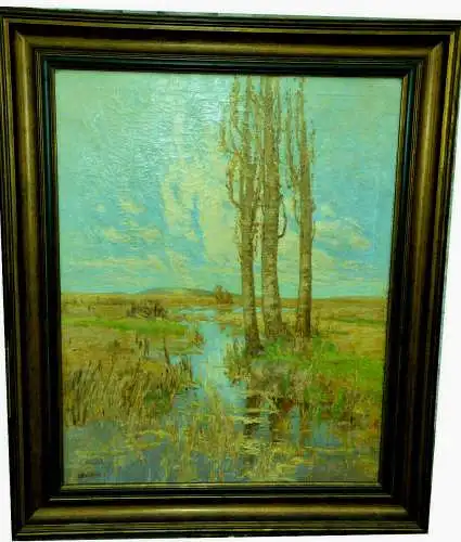 Gemälde, Öl auf Leinwand,sign.: W. Bombach, Landschaft mit Pappeln,gerahmt