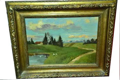 Gemälde,Öl auf Pappe,Landschaft in den Voralpen,sign. Baumgarten,um 1900,gerahmt