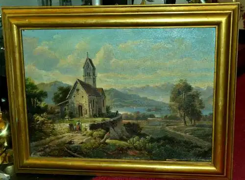 Gemälde,Öl auf grober Leinwand,Blick ü.e. Kapelle auf den Rhein,gerahmt,19.Jhdt