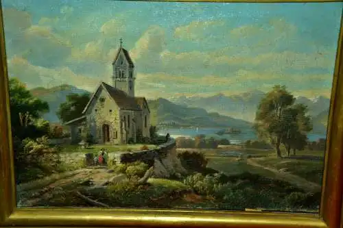 Gemälde,Öl auf grober Leinwand,Blick ü.e. Kapelle auf den Rhein,gerahmt,19.Jhdt