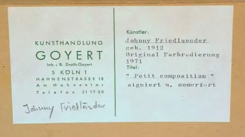 Farbradierung,1971,Johnny Friedlaender,petit composition,signiert u. bezeichnet