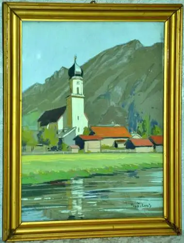 Max Märtens,Aquarell auf Papier,Kirche an einem See im Alpenvorland,gerahmt