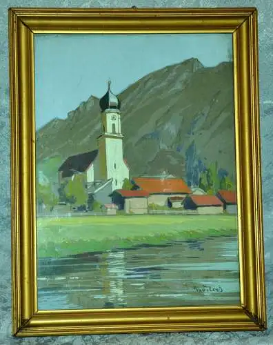 Max Märtens,Aquarell auf Papier,Kirche an einem See im Alpenvorland,gerahmt