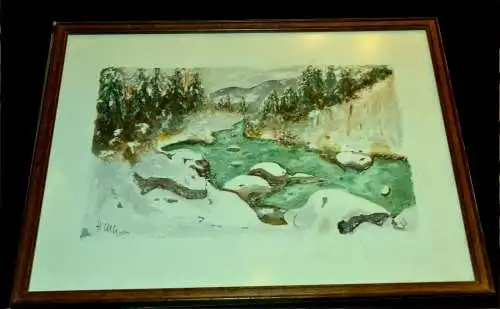Aquarell, Bachlauf im winterlichem Oberland,signiert u. gerahmt