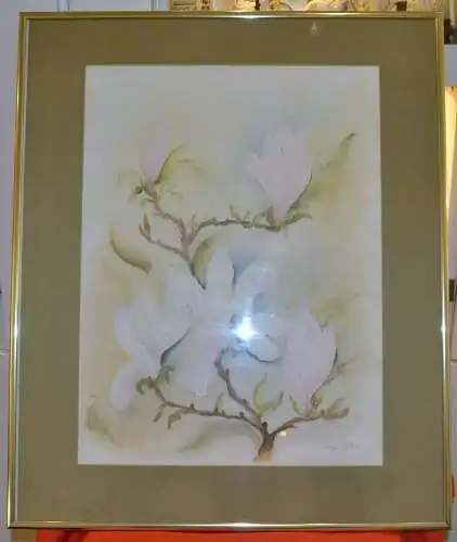 Aquarell,Magnolien, sign. Inge Huber,20.Jhdt. Nielsen Wechselrahmen