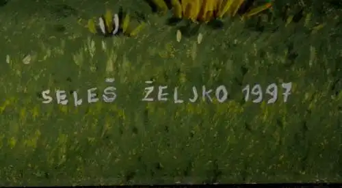 Hinterglasbild ,Holzpferd im Garten,sign. :Zeljko Seles,1997 ,gerahmt