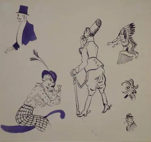 Zeichnung,Drawing, purple ink, feather and brush, study for six characters