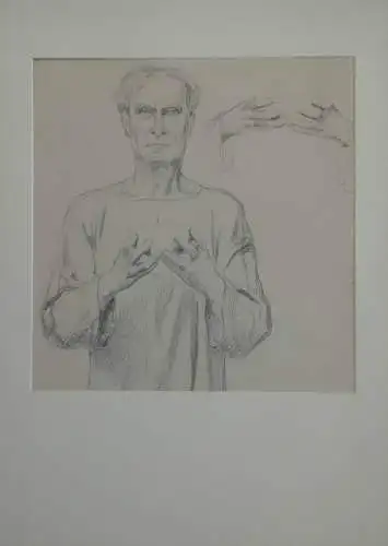 Pencil drawing representing a priest, with a study for two hands holding a bowl