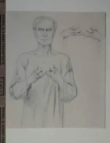 Pencil drawing representing a priest, with a study for two hands holding a bowl