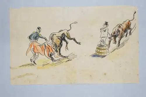 Drawing, ink and feather and watercolour, corrida (bullfighting)