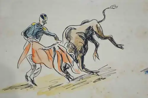 Drawing, ink and feather and watercolour, corrida (bullfighting)