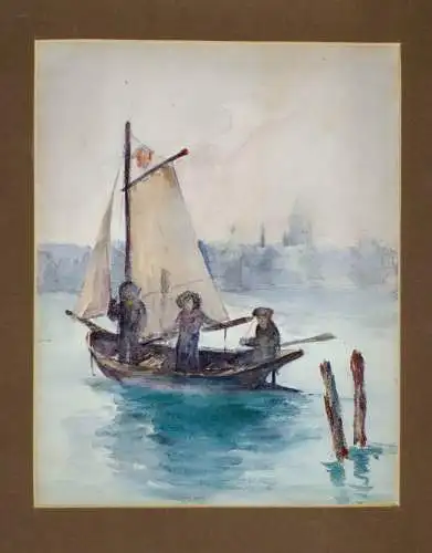 Aquarell, Netherlands, lake with a boat in front of a city