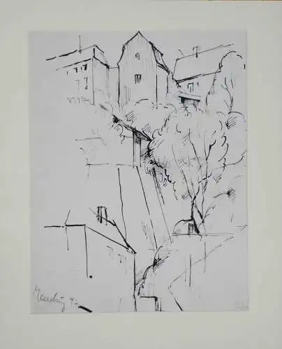 Drawing, black ink and feather on paper, houses in Meersburg (Lake Constance)