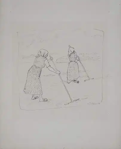 Drawing, Georg Hofmann, 1914, feather and black ink, women working in a field