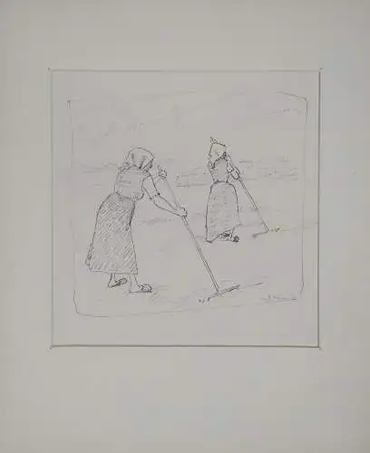 Drawing, Georg Hofmann, 1914, feather and black ink, women working in a field