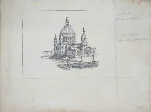 Drawing, ink and pencil, Berlin cathedral on Museumsinsel at Friedrichsbrücke